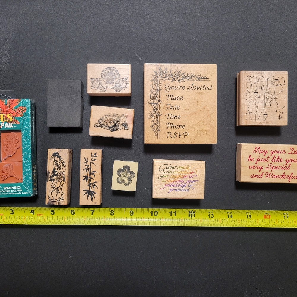 Vintage brand new lot (9 new, 4 used) of 13 Assorted Rubber stamps.